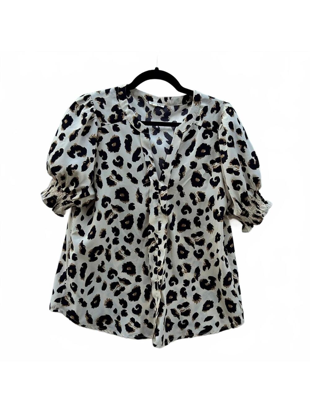 Jodifl Animal Print Puff Short Sleeve Open Neck Blouse | Size Medium